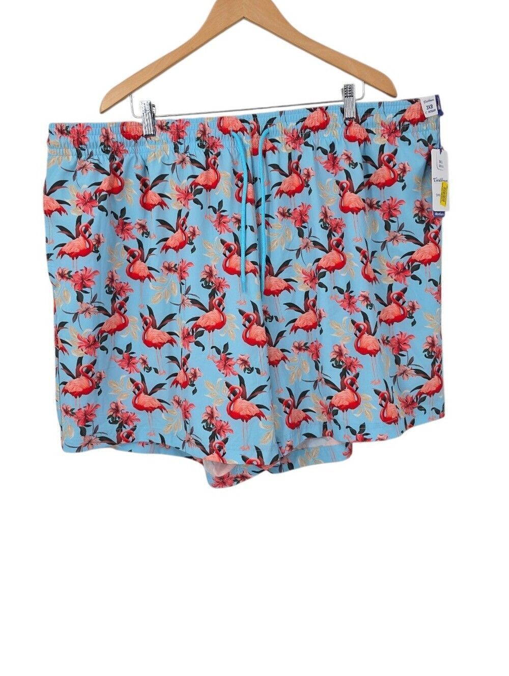Tropical Flamingo Print Drawstring Shorts - Blue & Coral Swimtrunks Board Shorts